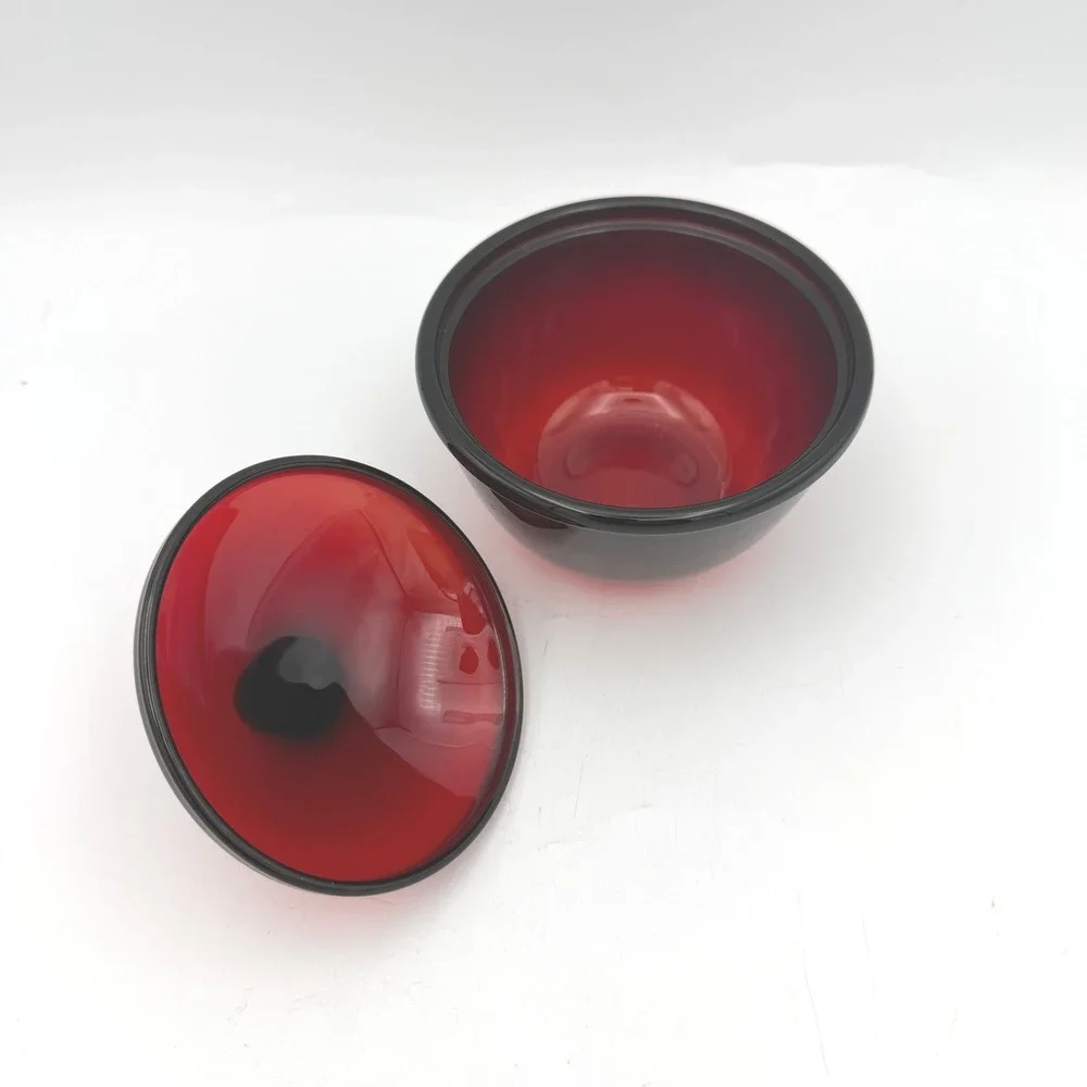France Ruby Red‎ Glass Sugar Bowl with Lid Small Red Black Ombre Candy Dish